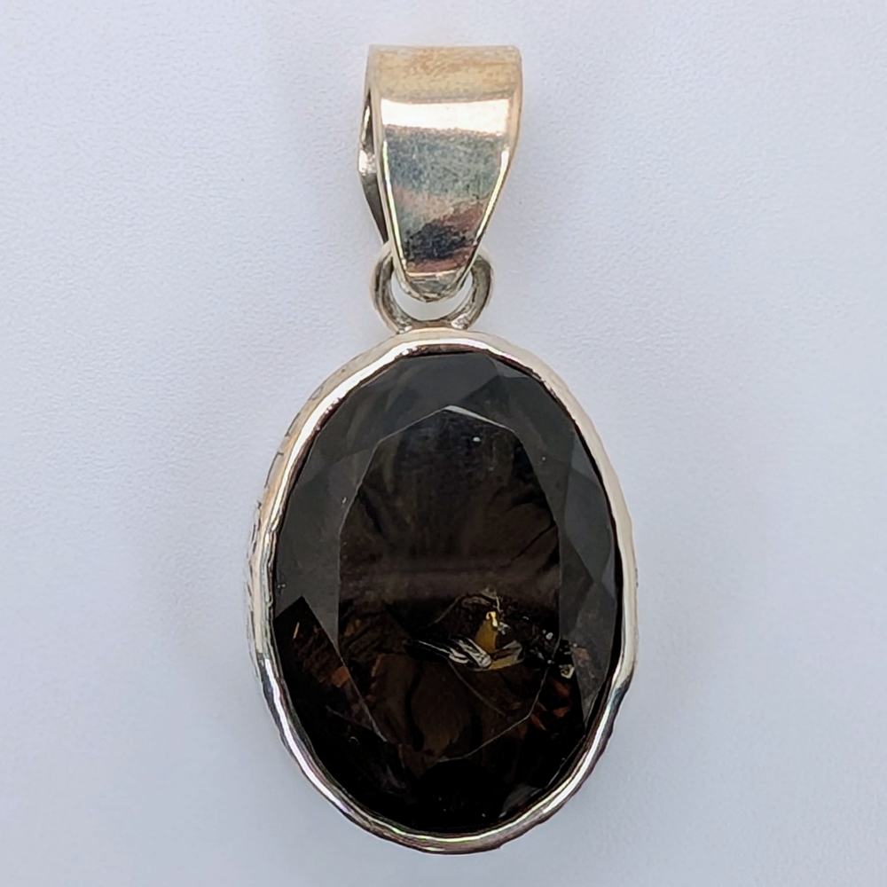 Carved Flower Smoky Quartz Pendant S925 Sterling Silver - Picture 3 of 7
